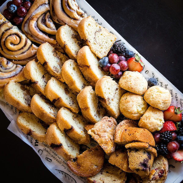 Multiple coffee cake and pastry platter for buffet