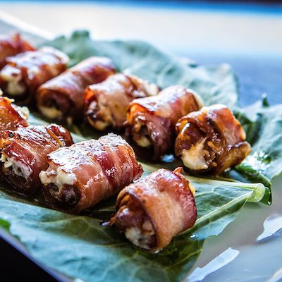 Bacon wrapped cheese stuffed dates appetizer